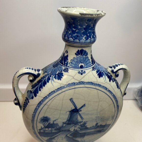RARE ANTIQUE DUTCH DELFT HOLLAND PORCELEYNE FLES VASE DUTCH SCENERY Windmill - Picture 2 of 16